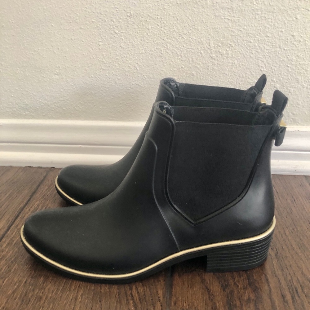 kate spade Telly Black Chelsea Ankle Rain Boots Gold Trim size 7 EUC - Picture 3 of 7